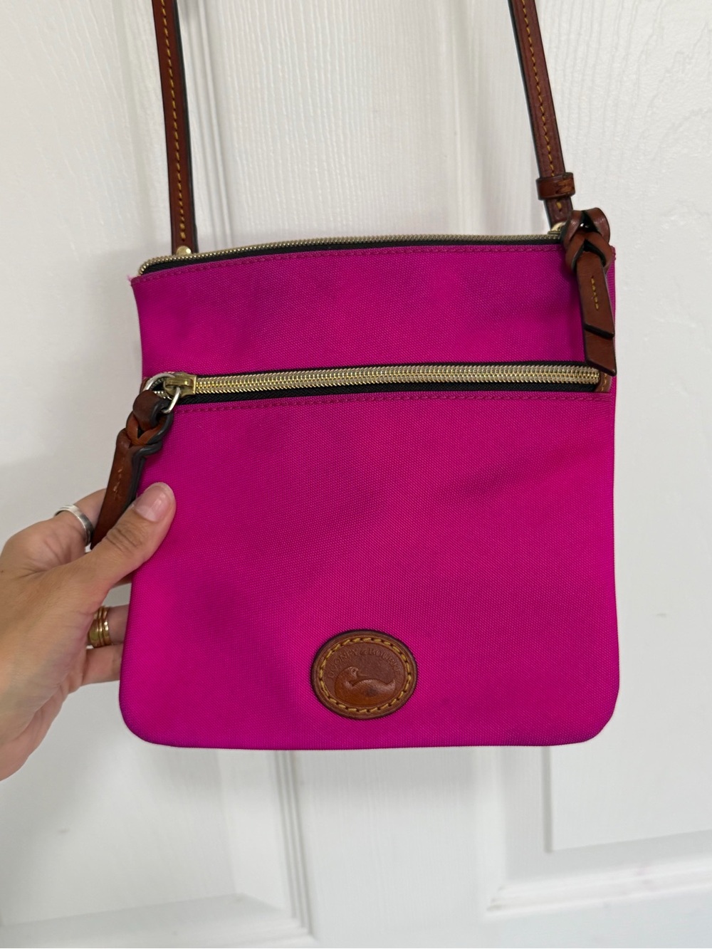 Dooney & Bourke Fuchsia Crossbody with Brown Leather Trim